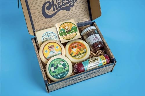 Product Image of the Cheese Bros. Charcuterie Gift Box | Fresh from Wisconsin | Includes Dill Havarti, Fratello, Smoked Gouda, Yodel Parmesan/Gruyere, 8 Year Aged Cheddar, Summer Sausage and Jam | Great Food Gifting Idea