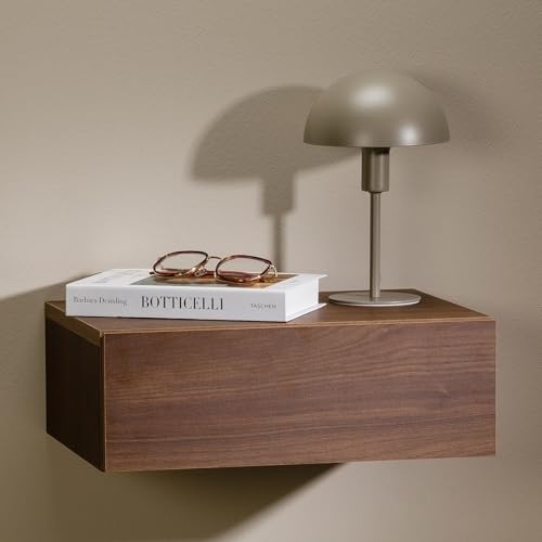 CARO-Möbel Hängender Nachttisch Anne mit Schublade in Nussbaumoptik - griffloses öffnen & platzsparend durch Wandmontage, robuste Spanplatte