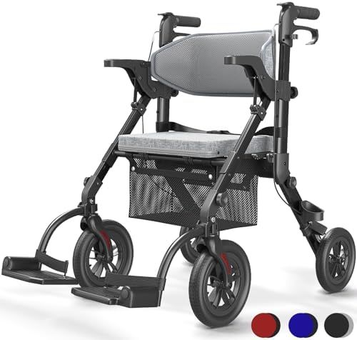 VOCIC 2 in 1 Rollstuhl Rollator Faltbar Leicht mit Sitz,Outdoor Gummireifen | Z51 Allen Gelände,Leicht Rollatoren mit Netztasche,Aluminium Gehhilfer Transport-Stuhl,Obsidianschwarz