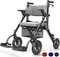 VOCIC 2 in 1 Rollstuhl Rollator Faltbar und Leicht mit Sitz,Outdoor Gummireifen für Allen Gelände,Leicht Rollatoren mit Netztasche,Aluminium Gehhilfer Transport-Stuhl,Obsidianschwarz (5 Jahre Support)
