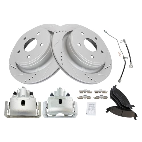 Image of TRQ Rear Brake Pad & Rotor Kit Slotted X Drilled Performance Ceramic Compatible with 2002-2004 Dodge Ram 1500