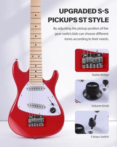 Image of Winzz 30 Inch Kids Electric Guitar Beginner Kit, Junior 1 /4 Size Mini Electric Guitar for Children Complete Stater Set with Amp, Gloosy Red Colour