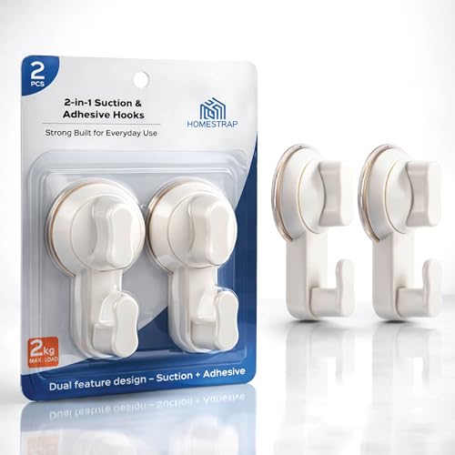 Image of HomeStrap 2-in-1 Suction & Adhesive Hooks | Strong Wall Hanging Hooks Without Drilling | Double Support Stick-On Hooks with No Screw Installation & No Wall Marks for Bathroom, Kitchen & Utility Areas