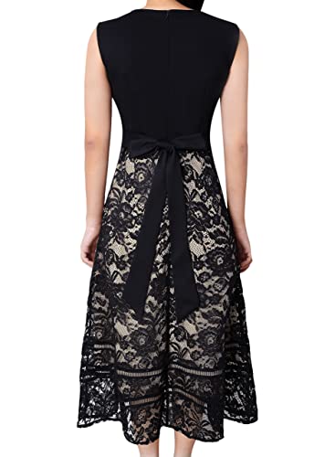 VFSHOW Womens Lace Applique Tie Waist Front Zipper Pockets Pleated Cocktail Party A-Line Midi Dress2