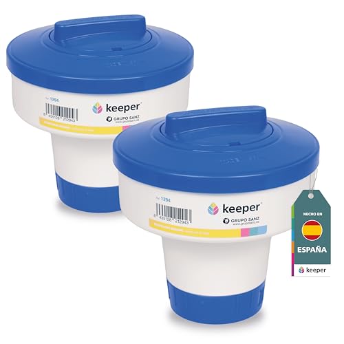 dispensador de Cloro Piscina Flotante. Kit de 2 Dosificadores Ajustable, Mediano para Piscina. Capacidad para Pastillas de 200 g. Flotador para Piscinas, Spas y Jacuzzis. Fabricado en España