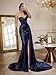 Lace Prom Dress for Women Teens Mermaid Strapless Satin Corset Formal Evening Gowns with Slit Navy Blue US2