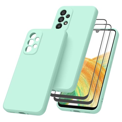 AK Funda para Samsung Galaxy A33 5G con 2Piezas Protector de Pantalla Cristal Templado,Funda de Liquida Suave Silicona para Samsung Galaxy A33 5G Carcasa Protectora Anti Choque Case(Cian Claro)