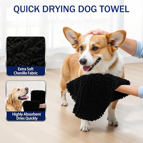 Image of OLANLY Chenille Dog Bath Towel 31x13, Ultra Absorbent Quick Dry Pet Towel, Extra Soft Washable Plush Towel for Large Dogs & Puppies, Indoor Outdoor Use, Black