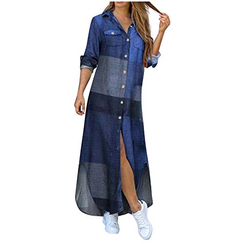 Tavorpt Maxi Dress for Women, Button Down Roll Up Long Sleeve Long Dress Casual Long Maxi Boho Split T-Shirt Sundress