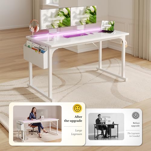 Image of DurayLoly 48 Inch Computer Desk with LED Lights for Home Office,Bedroom Study Desk for Teens, Sturdy Metal Frame,Headphone Hook & Storage Bag,Small Space Design,White