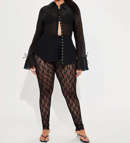 Image of Women's Sexy See Through Sheer Mesh Pants Leggings High Waist Casual Sweatpants Tights