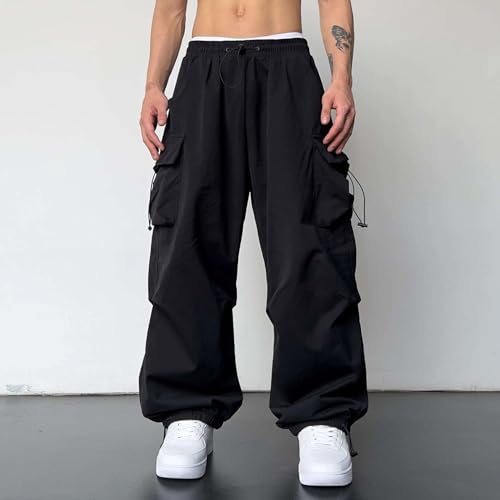Mens Baggy Cargo Pants Loose Fit Straight Leg Casual Pants with Multi Pockets Drawstring Cargo Pants Hip Hop Y2k Trousers3
