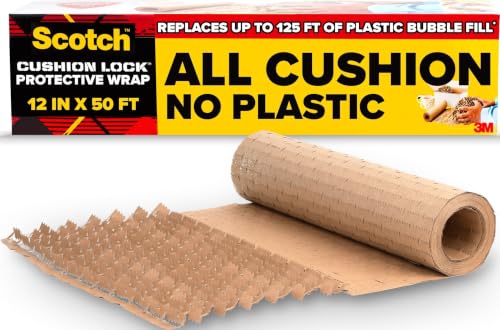 Scotch Cushion Lock Protective Wrap, 12 in x 50 ft, Sustainable Packaging Solution for Packing, Shipping and Moving, No Scissors or Tape Needed, Great Alternative to Bubble Cushion Wrap (PCW-1250)