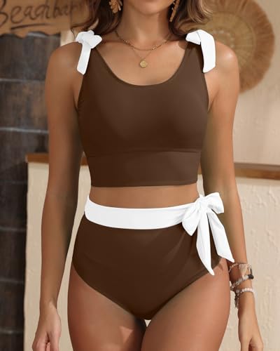 Image of Yonique Two Piece High Waisted Swimsuits Tummy Control Bikini | Full Coverage; Full Lining; Tie shoulder knots to ease ache; Cool airflow via scoop U-back
