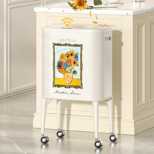 MRBIN Metal Motion Sensor Kitchen Trash Can with Wheel Legs, 36L / 9.5gal Medium Press Lid Slim Waste Basket, Pet Proof Tall Narrow Garbage Pail for Vanity, Bedroom, Bathroom, Living Room, Sunflower
