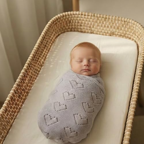 Image of Heirloom Heart Knit Baby Blanket for Girls 100% Cotton Knit Swaddling Baby Blanket - Soft Warm Cozy Swaddle Receiving Cuddle Stroller Blanket for Newborns, Infants, & Toddlers (Lavender)