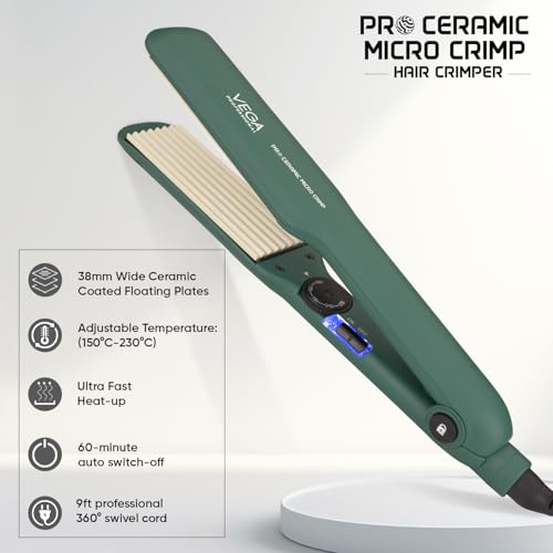 Image of VEGA PROFESSIONAL Pro Ceramic Micro Crimp Hair Crimper with Ultra Fast Heatup, 5 Temperature Settings, 60 Min Auto Switch Off for Salon, Professional Hair Crimper, Green (VPPMS-11)