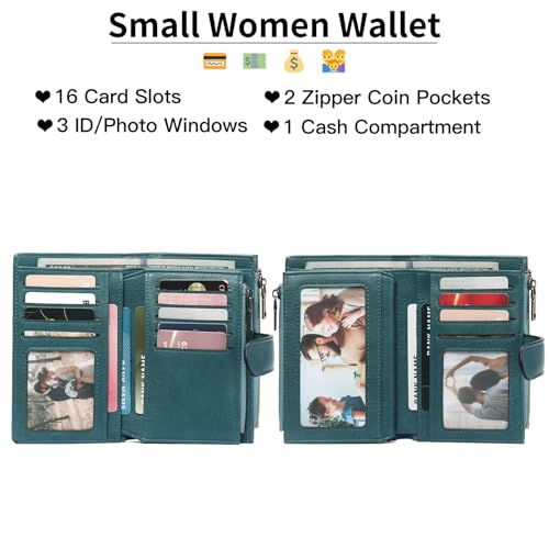 Image of GOIACII Womens Wallets RFID Blocking Leather Trifold Clutch Wallet Credit Card Holder Ladies Purse 3 ID Windows Teal