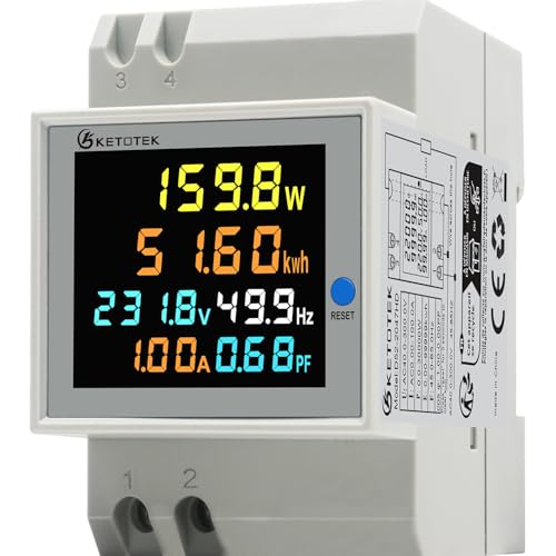 KETOTEK Medidor de Energía Digital 6 en 1 AC40~300V 100A Voltímetro Amperímetro Carril Din, Contador Eléctrico Monofásico Medición del Consumo de Voltaje Corriente Factor de Potencia Frecuencia