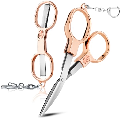 2 Pcs Folding Stainless Steel Portable Mini Small Travel Scissors Safety Foldable Pocket Badge Nursing Scissors with 2 Keychain for Travel Home Office Craft Sewing (Rose Gold)