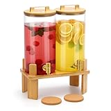 1.5 Gallon Glass Drink Dispensers for Parties, 2 PCS Beverage Dispenser With Wood Stand,Vertical Stripes Glass Lemonade Dispenser with Airtight Valve and Stainless Steel Spigot for Lemonade,Juice, Tea