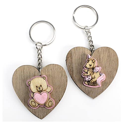  DLM Bomboniere DLM33052 (Kit 12 Pezzi) Portachiavi Ciondolo Cuore in Legno Cuoricino Orso Orsetto Unicorno Rosa Bimba Nascita Battesimo Compleanno Confettata bomboniera Regalo