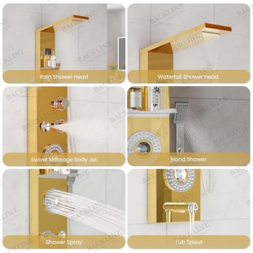 Image of Backline shower panel | 8 In 1 Shower System 304 Grade Stainless Steel Thermostatic Shower With Storage Shelf, LED Rainfall Shower,Hot & Cold Adjustable,Massage Spray,Hand Shower & Water Spout (Gold)