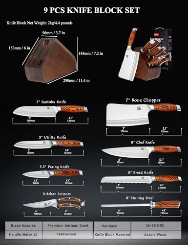 Image of MSY BIGSUNNY 9pcs Knife Block Set, German Steel Kitchen Knife Set with Bone Chopper, Precious Pakkawood Handle for Chef Knife Block Set
