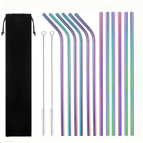 12 Pajitas Reutilizables de Acero Inoxidable - Juego con 2 Cepillos | Metálicas Largas y Duraderas para Zumos, Cócteles y Bebidas Frías/Calientes (21cm x Ø6mm)