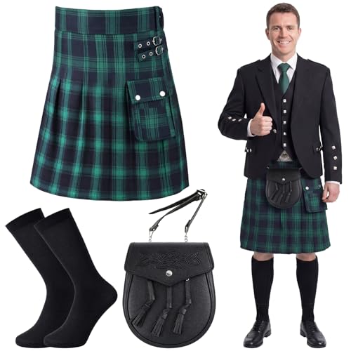 Yearntown Men's St Patrick's Day Costumes Kit Include Adult Irish Plaid Green Kilt Medieval Sporran Leather Pouch and Socks(XL,Classic)