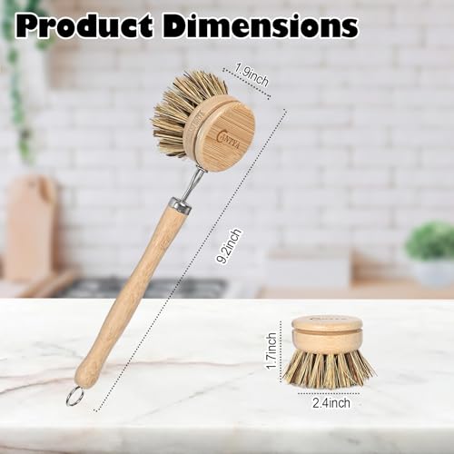 Image of Bamboo Dish Scrubber with Handle - Hard Bristle Natural Bristle Brush Sustainable & Biodegradable Kitchen Scrub Brush for Dishes Pans and Pots
