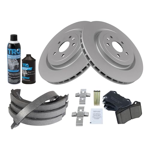 Image of TRQ Rear Brake Pad & Rotor Kit, with Chemical Kit Parking Brake Shoe Set Ceramic Premium G-Coated Compatible with 2009-2015 Cadillac CTS 2010-2015 Chevrolet Camaro