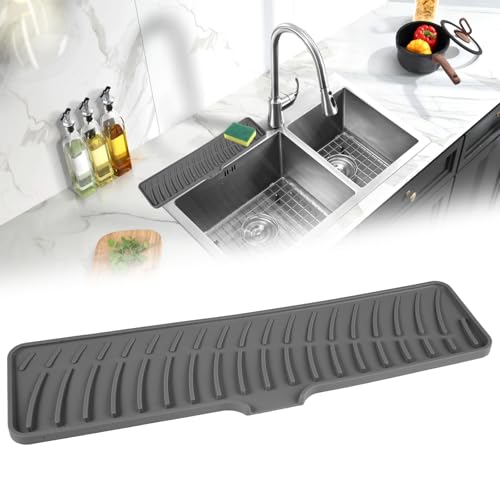 Alfombrilla para Grifo de Silicona, 42 × 10 cm Gris Alfombrilla de Silicona para Grifo, Alfombra para Fregadero Anti Goteo, Antideslizante Protector Fregadero para Proteger Encimera de Cocina y Baño