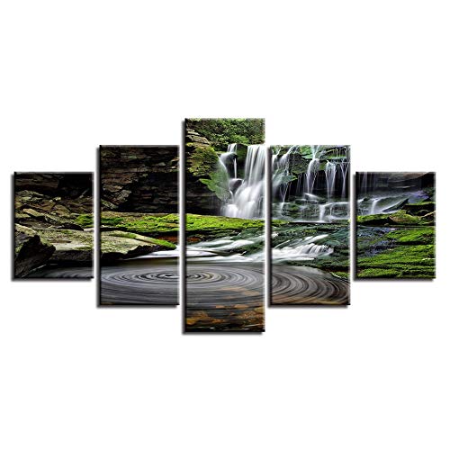KGKBH 5 pictures Print Decor For Living Room Wall Artistic Modular Picture 5 Pcs Beautiful Green Waterfall Tree Natural Landscape Canvas Painting