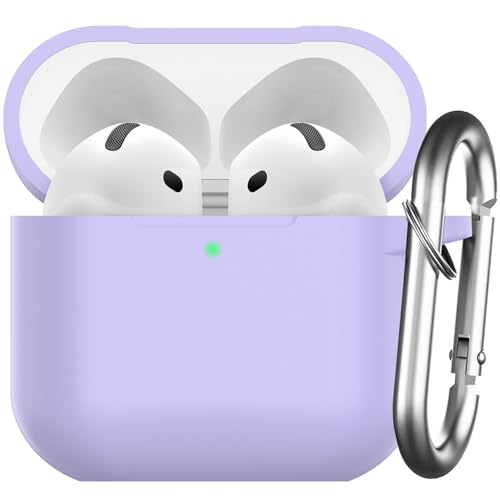 Nemteur Custodia per AirPods 4 2024, Case Protettiva in Silicone per AirPods 4th 2024 Cover in Silicone Visibile a LED Frontale con Moschettone, Lavanda