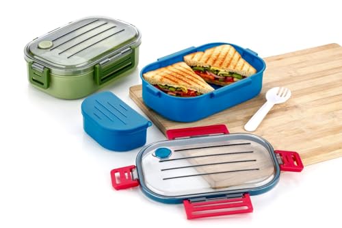 Image of 3-Compartment Lunch Box with Spoon, Leakproof BPA Free Plastic Container, Airtight Lock Lunch Box for Kids School, Office, Picnic & Travel