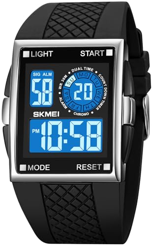 FANMIS Men's Rectangle Dial Sports Wrist Watches with 7 Colors Optional LED Backlight Multifunctional Alarm Stopwatch 12/24H Rubber Strap Watch