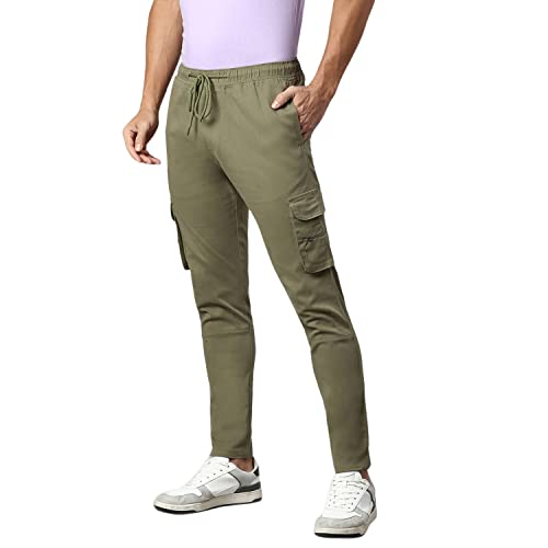 Image of Hubberholme Men's Regular Fit Cotton Trousers, Ankle Length Button & Drawstring Waist Cargo Chinos