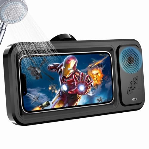 Shower Phone Holder with Wireless Bluetooth Speaker Waterproof 480 Rotation Viewable Shower Phone Stand Case Mount Speakers for Bathroom Wall Mirro for 4- 6.8 Cell Phones Gift for Mom(Black)