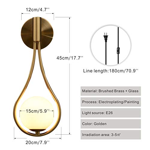 Image of KCO Lighting Plug in Mid Century Modern Brass Gold Teardrop Wall Sconce | E26 Bulb Included, Cord with ON /OFF Switch, 5.9 inch White Milk Glass Wall Light for Bathroom Bedroom Kitchen Hallway Living Room