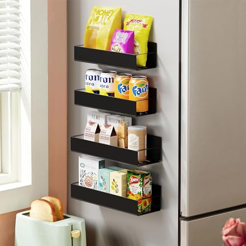 Image of OrganizeMee Movable Kitchen Organizer Storage Spice Magnetic Rack, Decorate Your Fridge,Washing Machine & Microwave Oven with Magnetic Metal Fridge Side Rack 1 Year Warranty: Black Set Of 1