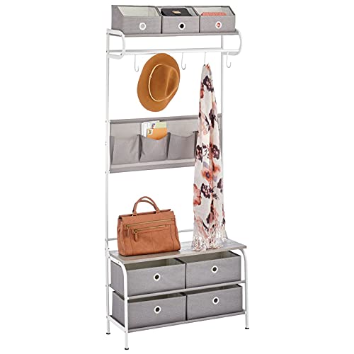 Mdesign Steel Frame Coat Rack And Wood Bench Organizer System Storage Unit W/ 5 Hooks, 4 Pockets, 4 Drawers; Holds Jackets, Scarves, Purses, Hats, Mail; Use In Hallway, Entryway, Bedroom - White/Taupe #TOP4