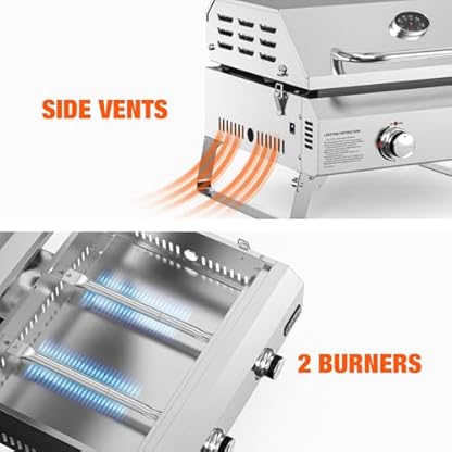 onlyfire Plancha Tischgasgrill 2-Brenner mit Deckel, Klappbaren Beinen, Keramische Lackbeschichtung Grillplatte, Grillfläche 45,8x36CM, Kompakt Tischgrill, Tragbarer Balkon-, Camping-Grill, 4,7 KW – Bild 6