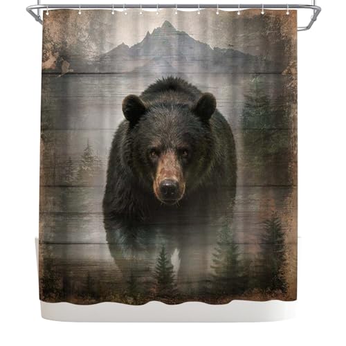 WELMECO Bear Shower Curtain Mountain Forest Shower Curtains Rustic Cabin Bathroom Decor 72x72 Inch Polyester Fabric 12 Hooks Washable