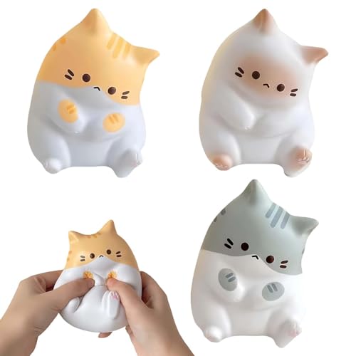 3 Stück Squishy Katze Stressball Kinder, Antistressball, Squishy Cat Stress Ball 5×7cm, Squishies Fidget Anti Stress Squeeze Toy Weich und Komfortabel Weiß Grau Gelb