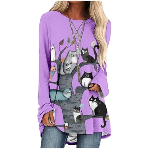 Bengbobar Women's Long Sleeve Cat Sweatshirt Pullover Cute Cats Lover 3D Graphic Sweatshirts Crewneck Casual Loose Fall Shirts for Women 2024,5-Purple Cats,3XL Cover