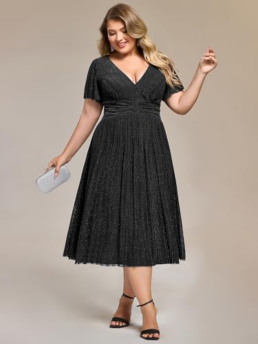 Image of Ever-Pretty Plus Women's V Neck Short Sleeves A Line Glitter Midi Plus Size Formal Wedding Guest Dresses