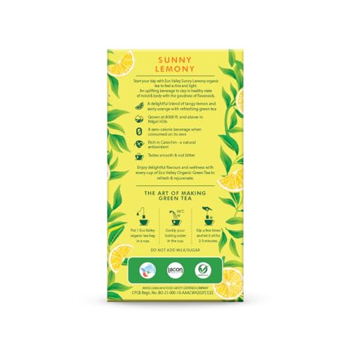 Eco Valley Organic Green Tea | Sunny Lemony | 25 Tea Bags | Grown In Nilgiris | Zero Calories | Rich In Antioxidants | Rich In Vitamin C | 50g Pack of 1