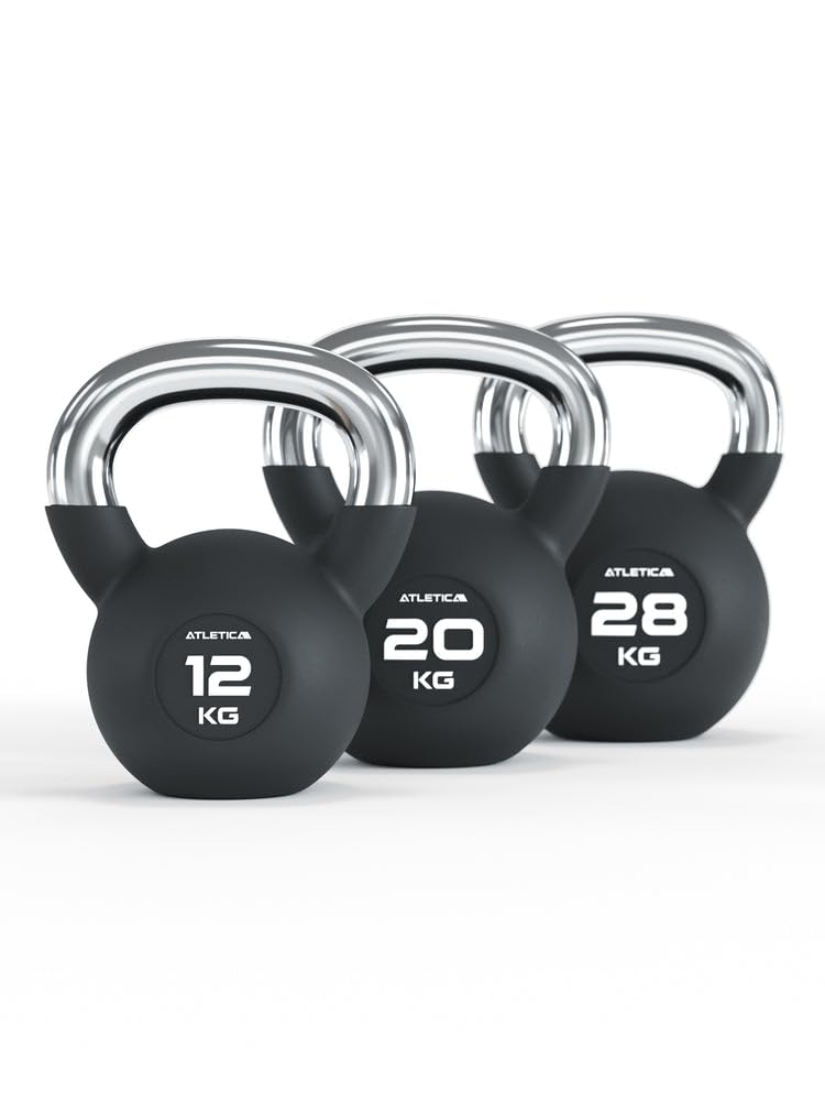 ATLETICA Kettlebell Set | Compete | 12, 20, 28 kg | gumowane hantle kulkowe z chromowanym uchwytem | wysokiej jakości stop stali | jakość studyjna | trening funkcjonalny całego ciała