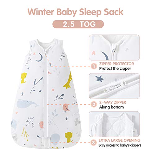 Mosebears Baby winterslaapzak 2,5 TOG babyslaapzak 100% katoen ademende babyslaapzak (White Animal, 6-12 maanden) - Afbeelding 3